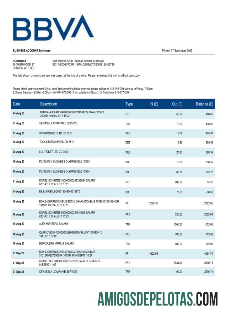 Baixável BBVA Bank Organization Statement modelo Word e PDF